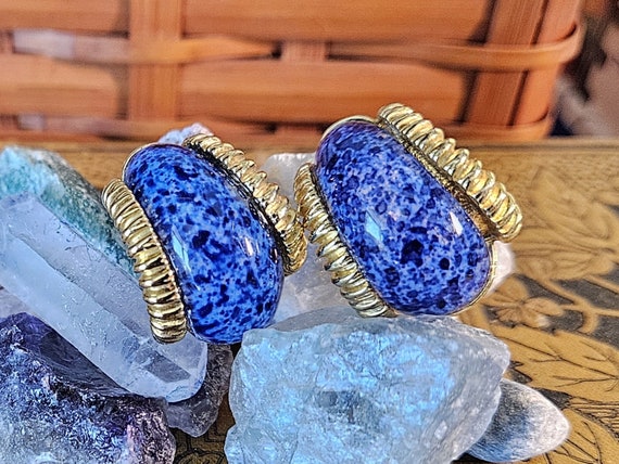 1990's Blue and Gold Clip-On Earrings - image 2