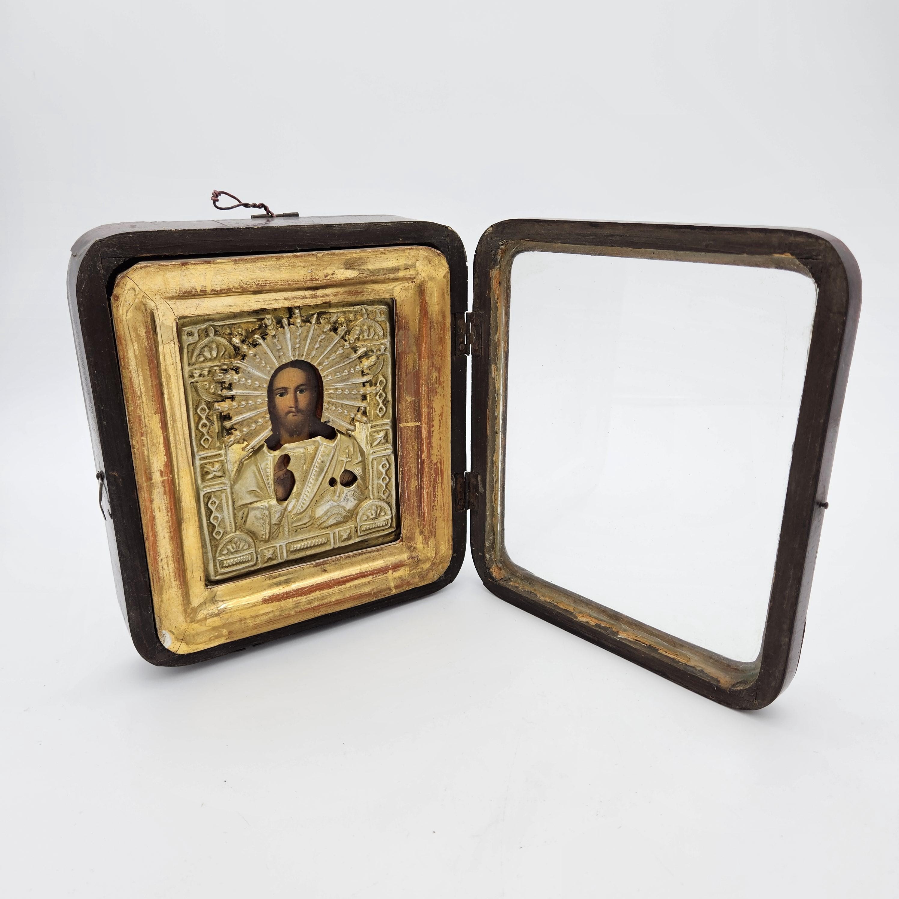 Antique Russian Icon in Wooden Kiot or Icon Case of Christ