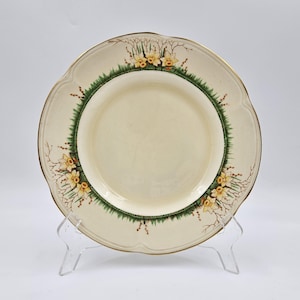 Puede incluir: Plato color crema con borde festoneado y borde dorado. El plato presenta un borde verde con narcisos amarillos y ramas marrones. El plato se exhibe sobre un soporte de plástico transparente.
