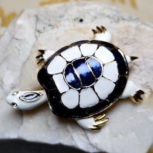 1960s Boucher Enameled Turtle Brooch - Dark Blue and White Enamel with Gold