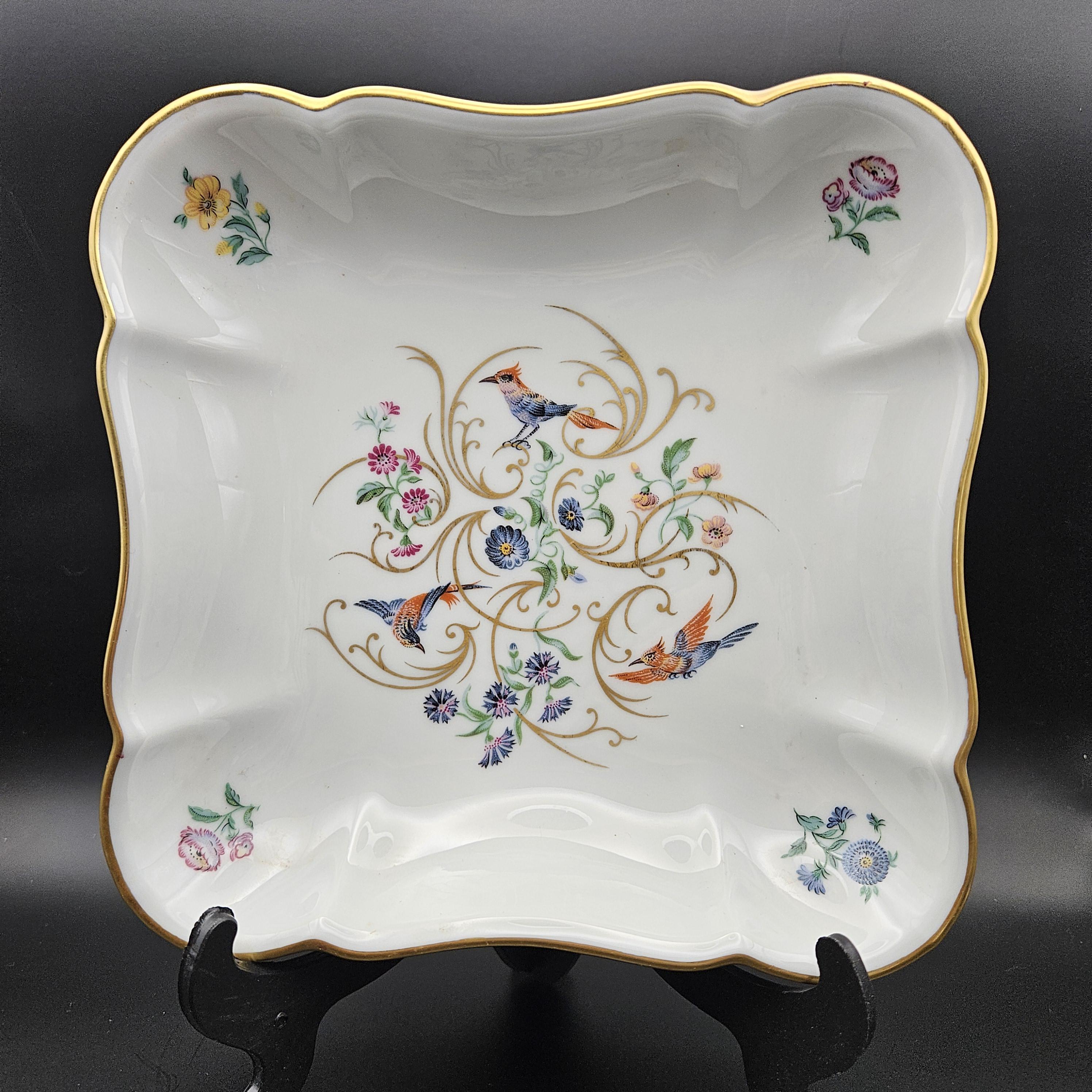 Limoges Castel Square Shallow Bowl Decorated With Birds and Golden