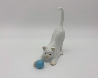 Herend Hungary White Porcelain Cat with Blue Ball