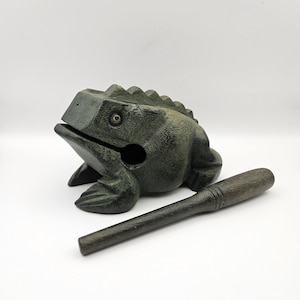 Croaking Frog or Frog Guiro - Wooden Frog Percussion Instrument with Mallet - Dark Green Stain