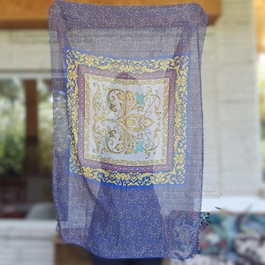 Vintage Large Oblong Scarf Decorated with Baroque Style Details - Blue, Gold, and Ivory Ornate Pattern - 35 inches by 57 inches