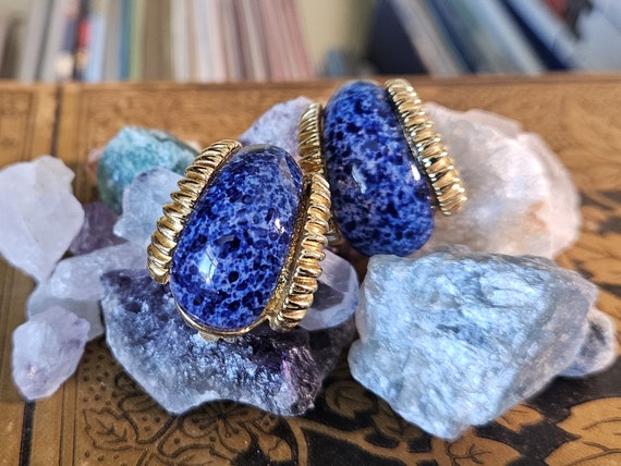 1990's Blue and Gold Clip-On Earrings - image 3