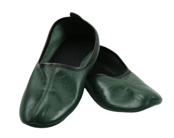 Genuine Leather Women Babouche Slippers, Green Barefoot Moccasins, Tai Chi Shoes, Venetian Slippers, Yemeni Shoes, Flat Grounding Shoes