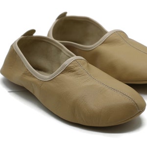 Cream Leather Slippers for Men – Soft Indoor Leather Home Shoes, Goatskin Grounding Slippers for Daily Comfort and House Wear image 1