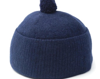 Handcrafted Dark Blue Wool Beanie Hat with Pom-Pom, Old School Autumn Winter Spring Headwear, Foldable Kufi Hat WLH