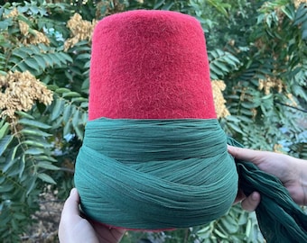 Genuine Wool Felt Mawlawi Hat with Dark Green Turban, Mevlana Sufi Kufi Hat, Traditional Destar Sikke Islamic Cap, Ottoman Fez Hat