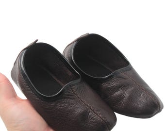 Baby leather shoes handmade soft dark brown genuine leather, toddler moccasins with flexible sole for infant first walkers, Newborn gift