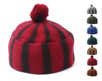 Handcrafted Red and Black Striped Wool Hat with Pom-Pom, Cozy Autumn Winter Spring Headwear, Foldable Kufi Hat WLH