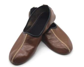 Genuine Leather Handmade Babouche Shoes Men Size, Brown Leather Slippers, Home Shoes, House Slippers, Barefoot Moccasins