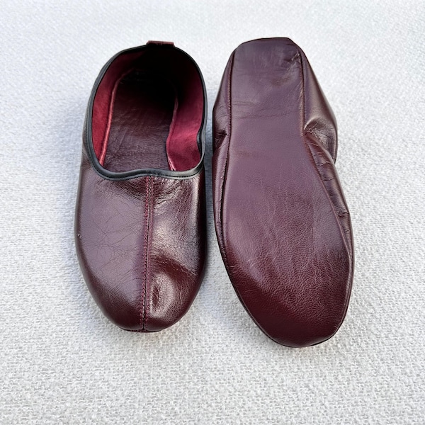 Bordeaux Tawaf Echtleder Schuhe in Herrengröße, Lederpuschen, Hausschuhe mit Ledereinlage für Männer