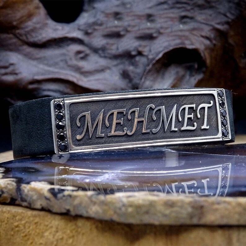 Name Bracelet Gift for Her Ideal gift Custom Bracelet Islamic Art Leather Bracelet Gift For Him Personalized Sterling Silver Bracelet