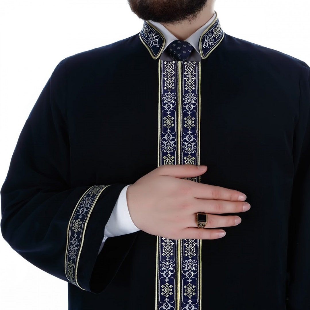 Uomo Casual Musulmano Thobe Islamico Abbigliamento Arabo Manica Lunga Camicia Top Uomo Blu Navy, bianco, XL