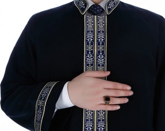 Muntanaa Mens Islamic Wear Navy Blue Thobe with Bordures | Navy blue Daffah | Jubbah | Galabiyya | Jubbah | Muslim Long Kurta