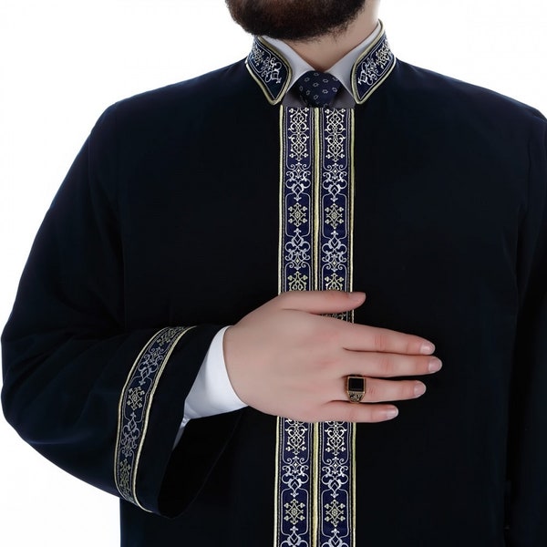 Muntanaa Mens Islamic Wear Navy Blue Thobe with Bordures | Navy blue Daffah | Jubbah | Galabiyya | Jubbah | Muslim Long Kurta