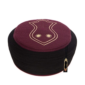 Claret feito à mão vermelho e preto Sarik, Takke, chapéu de oração islâmica com o Nalayn Black Kofi, boné Kufi, صلاة, boné masculino muçulmano, boné Skul