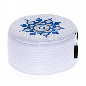 SALE 56 CM witte en blauwe geometrische handgemaakte ronde Naqshbandi Tariqah soefi-moslim Kufi Hat Takke