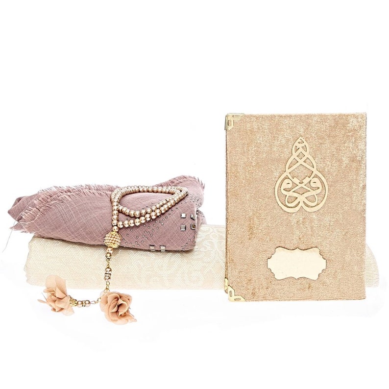 Lux Shawl Beige Velvet Yaseen Book Gift Box Gift For Her Islamic Gift Personalized Gift 33 Bead Tasbeeh Set Prayer Mat