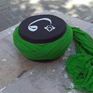 Handmade Black & Green Sarik, Takke, Islam Prayer Hat with embroidered Crescent Kofi, Kufi Cap, صلاة, Muslim Men&#39;s Hat Cap, imamah