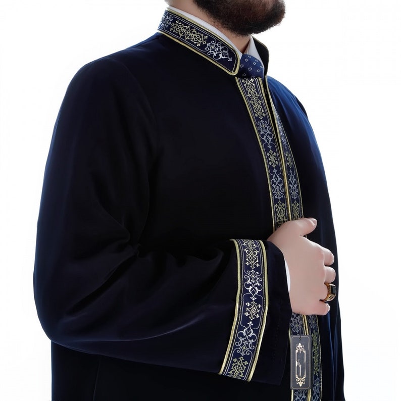 Men's Embroidered Turkish Cubbe Islamic Thobe - Navy Blue