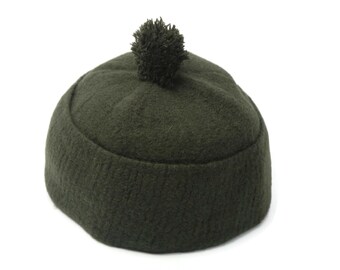 Handcrafted Olive Green Wool Beanie Hat with Pom-Pom, Old School Autumn Winter Spring Headwear, Foldable Kufi Hat WLH
