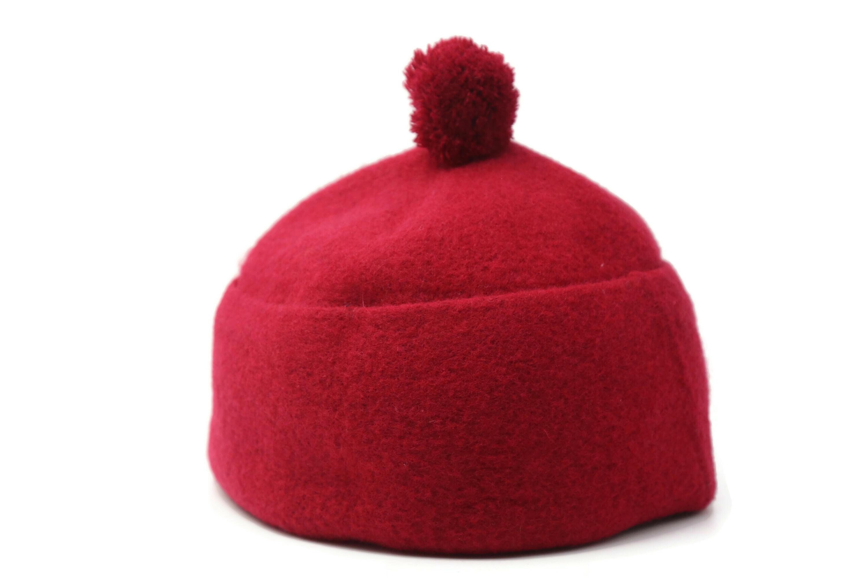 Handcrafted Red Wool Beanie Hat with Pom-Pom, Old School Autumn Winter Spring Headwear, Foldable Kufi Hat WLH