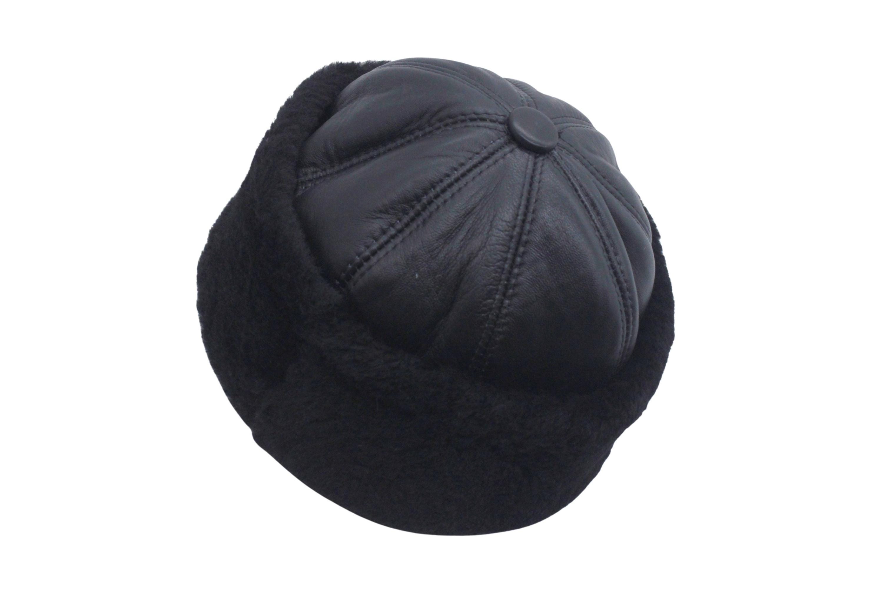 Black Shearling Lined Genuine Leather Winter Hat for Men, Foldable