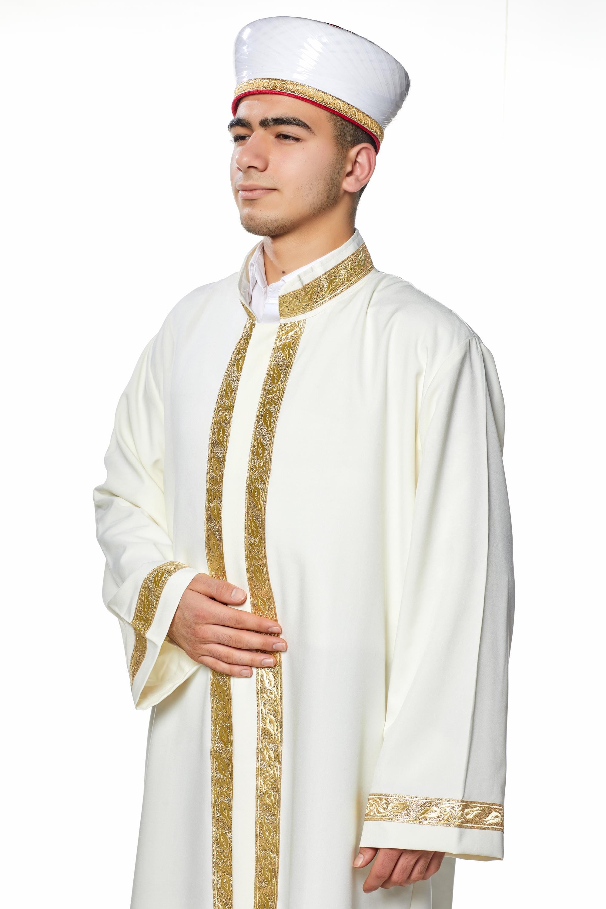 Ceyyân Mens Islamic Wear Cream Thobe with Bordures, Cream Daffah, Thawb for men, Galabiyya, Jubbah for men, Muslim Men clothing Jalabiya