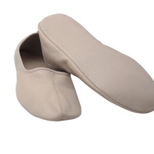 Pu&ograve; includere: Un paio di scarpette da ballo in pelle beige, una in piedi e l'altra sdraiata su un lato. Le scarpette hanno una punta arrotondata e una cucitura cucita al centro. Le suole sono lisce e la pelle sembra morbida.