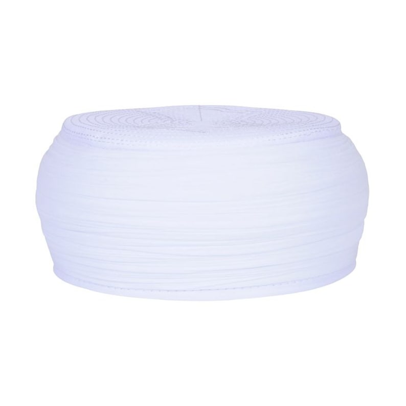 May include: White skullcap with a pleated design. The skullcap is made of a soft, lightweight fabric.