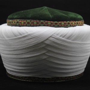 Syrian Style Green and White Imamah, Unique Islamic Art, Imam Pagri Islamic Men&#39;s Head Wear, Sunnah Hat