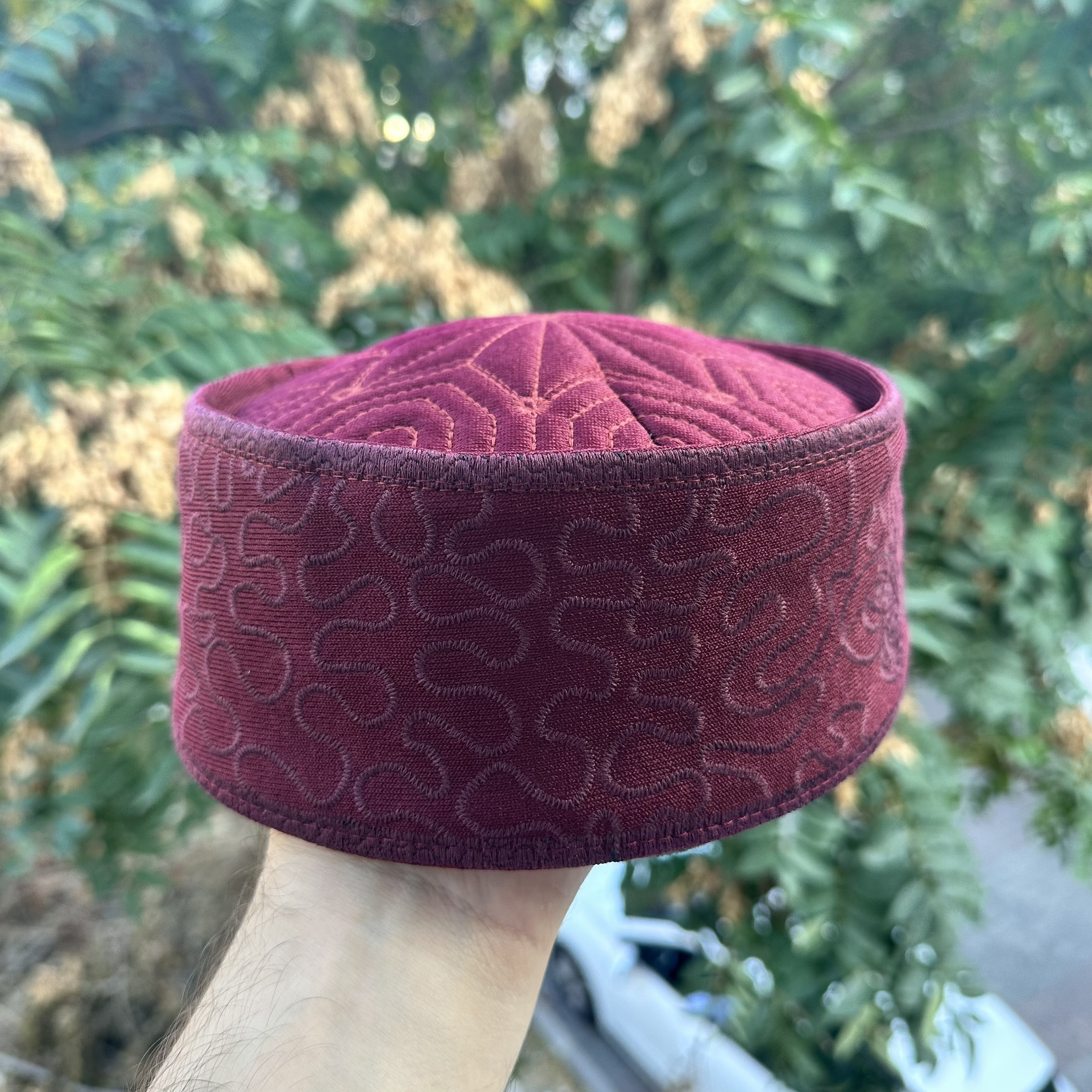 Handmade Burgundy Color Muslim Kufi Hat Taqiya Takke Peci Rigid