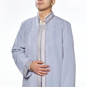 Kayrevan Gray Muslim Long Kurta, Islamic Mens Wear, Embroidered Thobe, Galabiyya, Jubbah Islamic Wear, Judge Collar Plain Robe, Punto