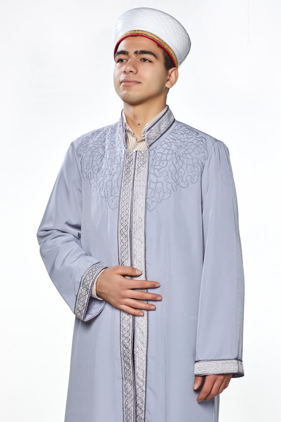 Kayrevan Gray Muslim Long Kurta, Islamic Mens Wear, Embroidered Thobe, Galabiyya, Jubbah Islamic Wear, Judge Collar Plain Robe, Punto