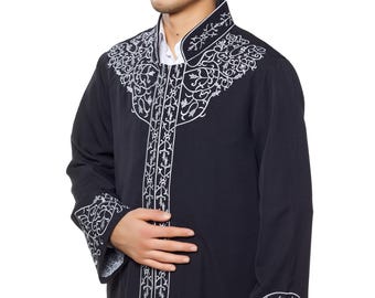 SALE MEDIUM Mirac Black Muslim Long Kurta, Islamic Mens Wear, Embroidered Thobe, Galabiyya, Jubbah Islamic Wear, Judge Collar Plain Robe