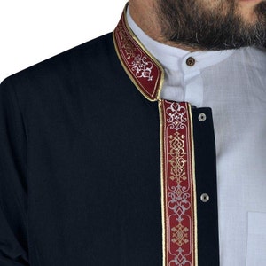 Black and Bordeaux Long Kurta - Jubbah - Mens Islamic Wear Navy blue Thobe with bordures, Galabiyya, Jubbah, Muslim Long Kurta