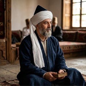May include: A man in a dark blue robe and white turban, holding a small book. He is seated on a patterned rug, with others in the background. The room features wooden accents and a window.