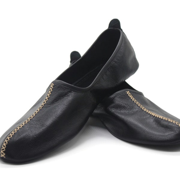 Genuine Leather Black Babouche Slippers Handmade from Soft Leather, Traditional babouche slippers, MENS traditional shoes, Home Shoes