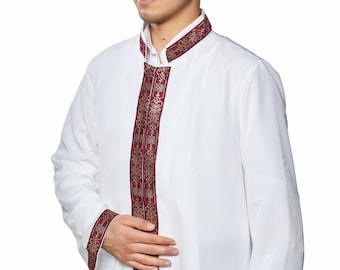 SALE MEDIUM Velbe Mens Islamic Wear White Thobe with Bordures, White Daffah, Thawb for men, Galabiyya, Jubbah for men | Muslim Long Kurta