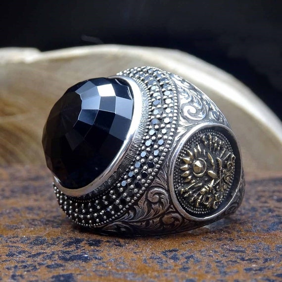 Black Domed Silver Ring with Stones Personalised Ring Gift | Etsy