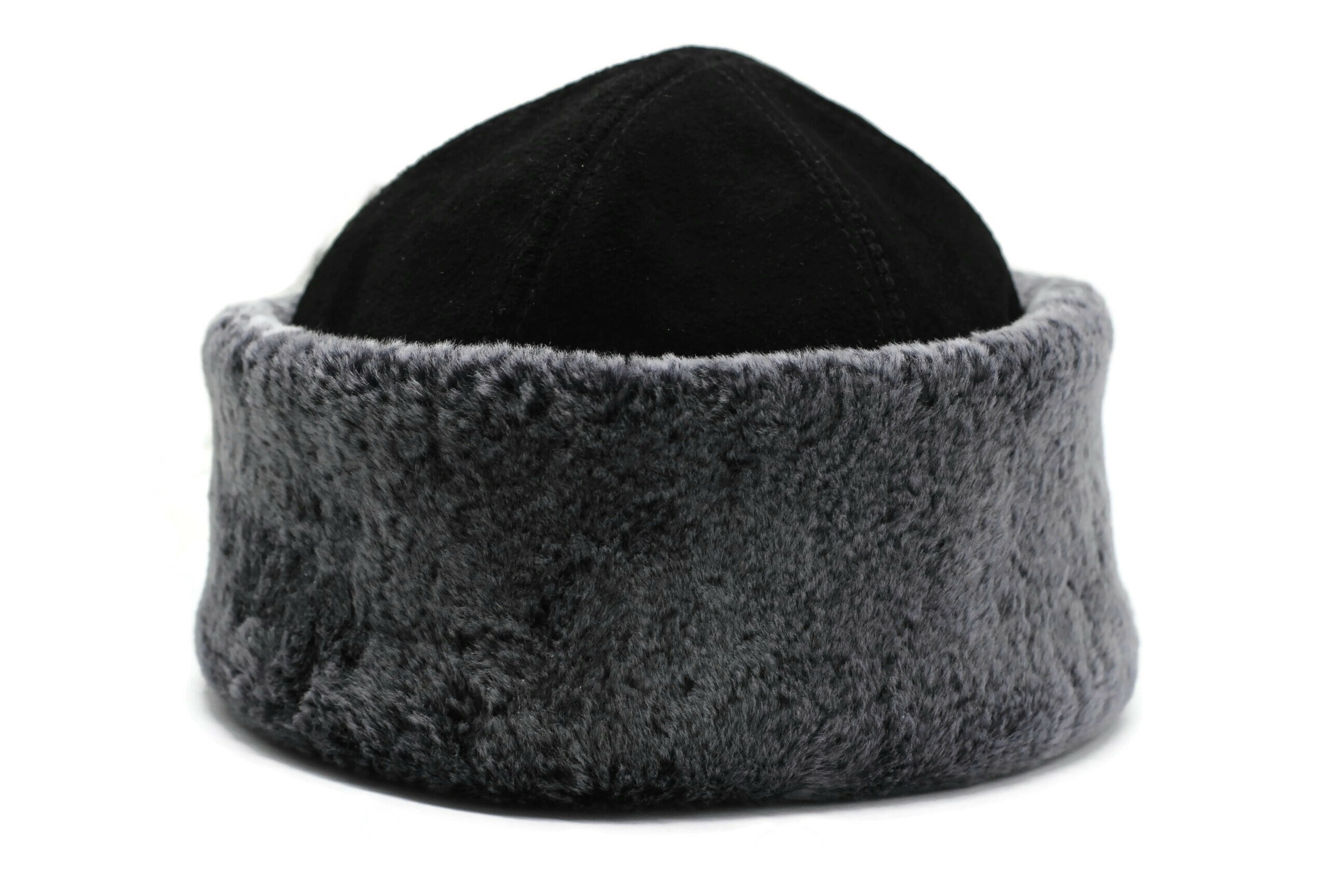Black Hunters Hat, Short Rounded Caucasian Style Kubanka, Faux Fur