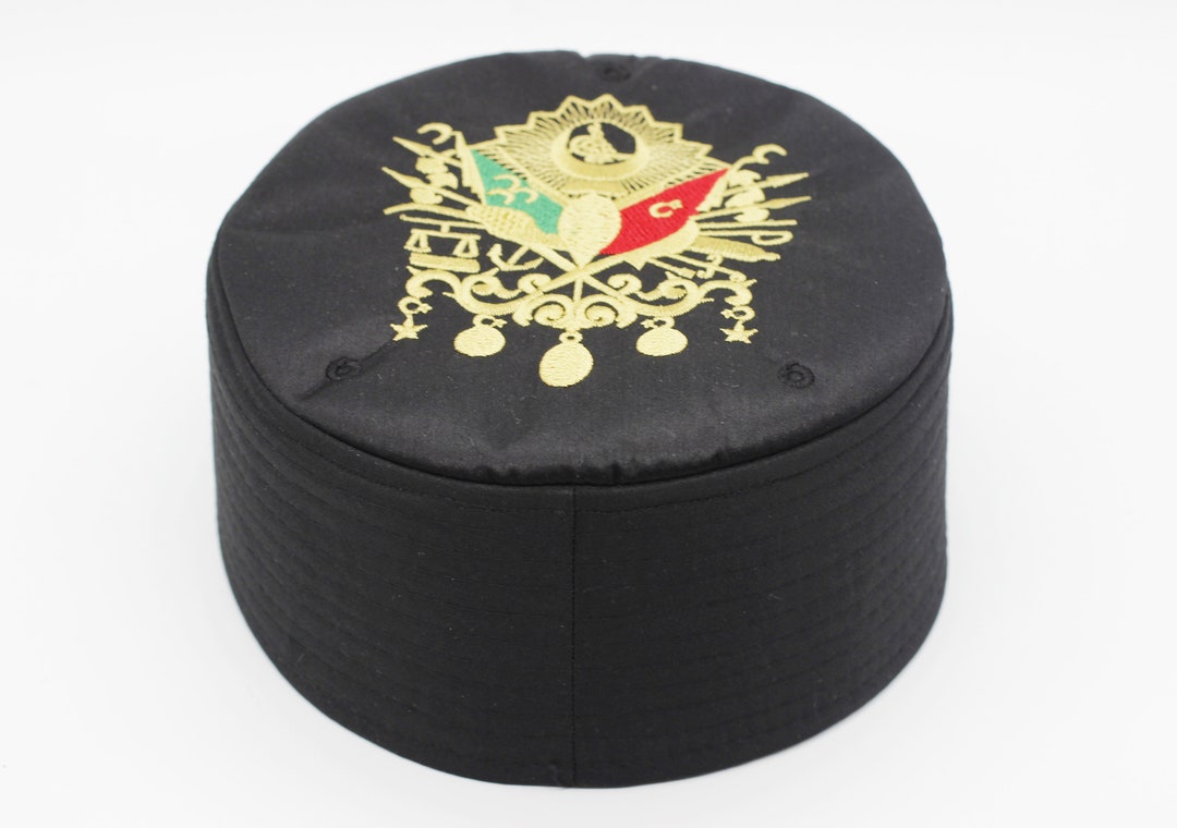 Black Skullcap, Ottoman Empire Coat of Arms Embroidered Kufi, Sunnah