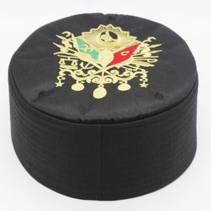 Black skullcap, Ottoman Empire Coat of Arms Embroidered Kufi, Sunnah Caps, Mens Topi, Tagiyah, Muslim Prayer Cap, islamic hat, FTHH