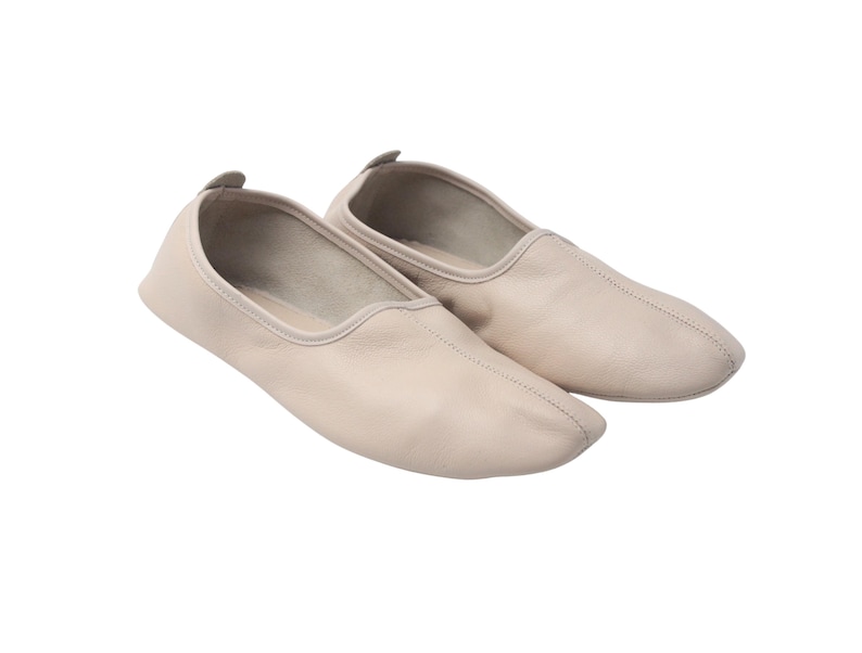 Pu&ograve; includere: Un paio di scarpette da ballo in pelle beige chiaro. Le scarpette hanno una punta arrotondata e un profilo basso, con un piccolo dettaglio elastico sul tallone. Queste scarpe sono progettate per il comfort e la flessibilit&agrave;, adatte alla danza o all'uso casual.
