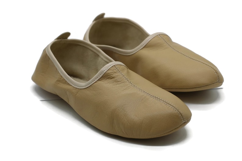 Cream Leather Slippers for Men – Soft Indoor Leather Home Shoes, Goatskin Grounding Slippers for Daily Comfort and House Wear image 1