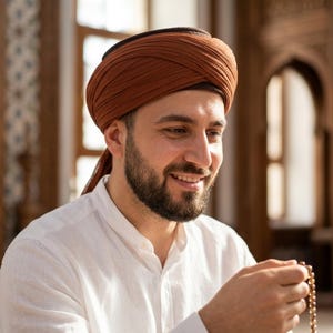 May include: A man wearing a brown turban and a white shirt, smiling while holding prayer beads. The background features ornate wooden architectural details and natural light.