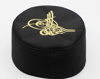 Black Standard Tughra motif Tagiyah, Prayer Hat Takke, embroidered Tugra, Men Kufi, Crochet Kufi, Muslims Hat, Skull Cap, FTHH
