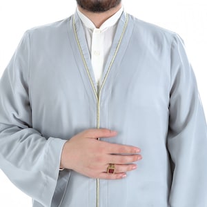 S M L XL Light Grey Men&#39;s Daffah with Bias, Islamic Clothing Dishdash, Long Kurta Jubba
